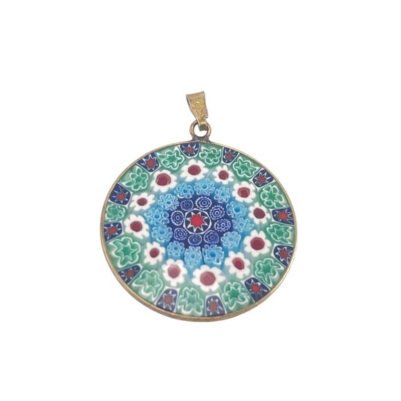 Millefiori Round Pendant Necklace With Intricate Floral Mosaic Design - Picture 5 of 8